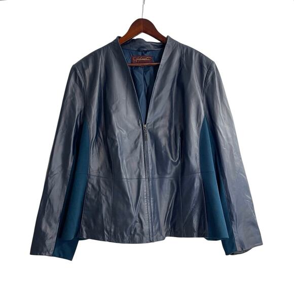 Hal Rubenstein Women’s 2X Blue Genuine Leather Jacket Zip Front Stretch Panels - Picture 2 of 8